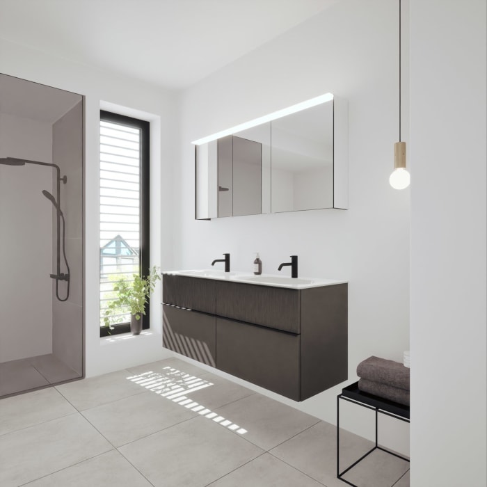 burgbad Fiumo 2.0 Badmöbelset 142 cm mit Waschtisch mit Unterschrank mit Griff G0200 und Spiegelschrank