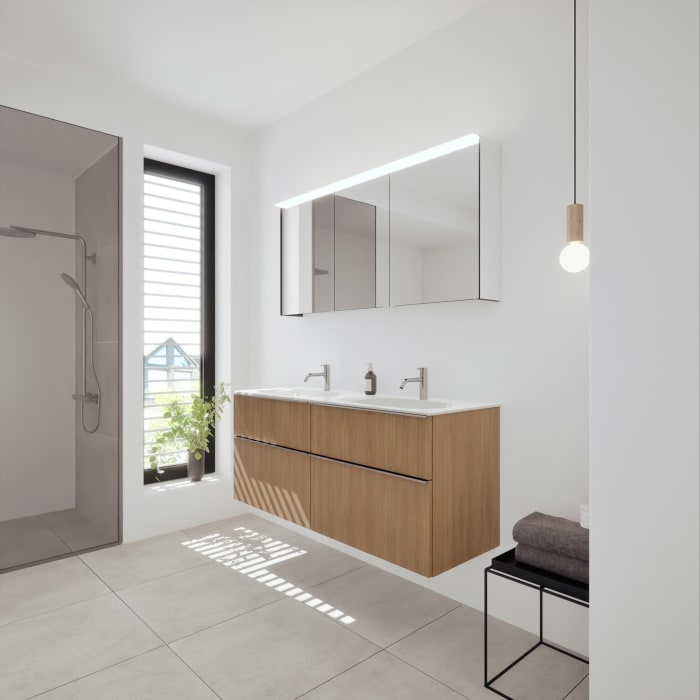 burgbad Fiumo 2.0 Badmöbelset 142 cm mit Waschtisch mit Unterschrank mit Griff G0146 und Spiegelschrank