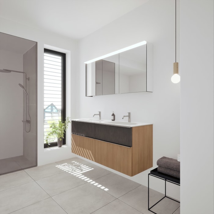 burgbad Fiumo 2.0 Badmöbelset 142 cm mit Waschtisch mit Unterschrank mit Griff G0146 und Spiegelschrank