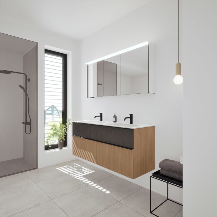 burgbad Fiumo 2.0 Badmöbelset 142 cm mit Waschtisch mit Unterschrank mit Griff G0200 und Spiegelschrank