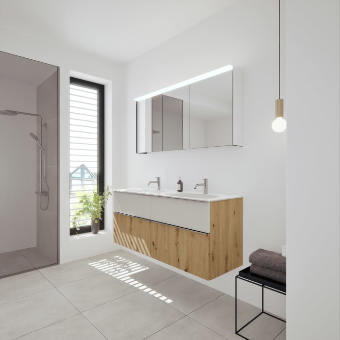 burgbad Fiumo 2.0 Badmöbelset 142 cm mit Waschtisch mit Unterschrank mit Griff G0146 und Spiegelschrank