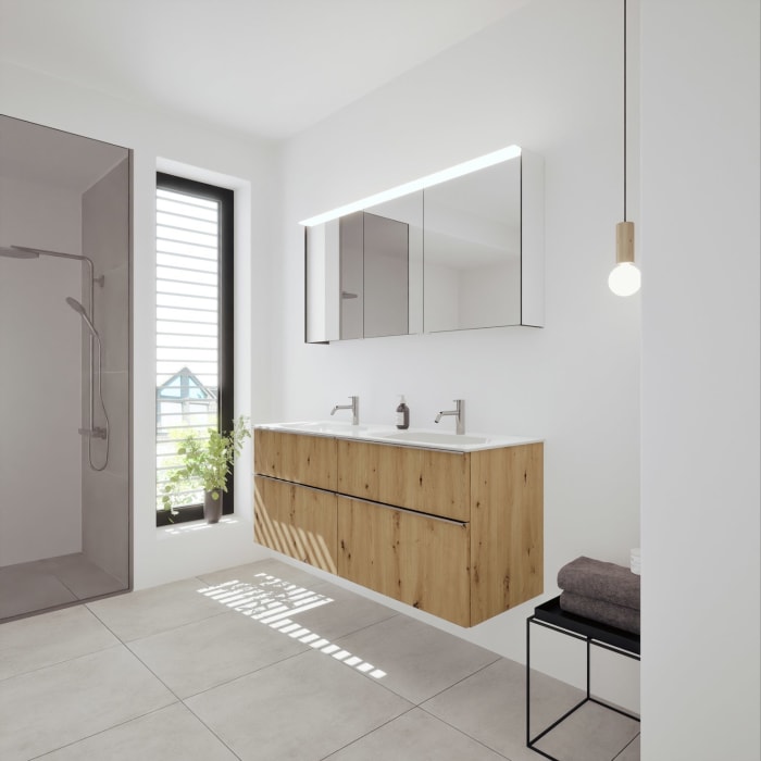 burgbad Fiumo 2.0 Badmöbelset 142 cm mit Waschtisch mit Unterschrank mit Griff G0146 und Spiegelschrank