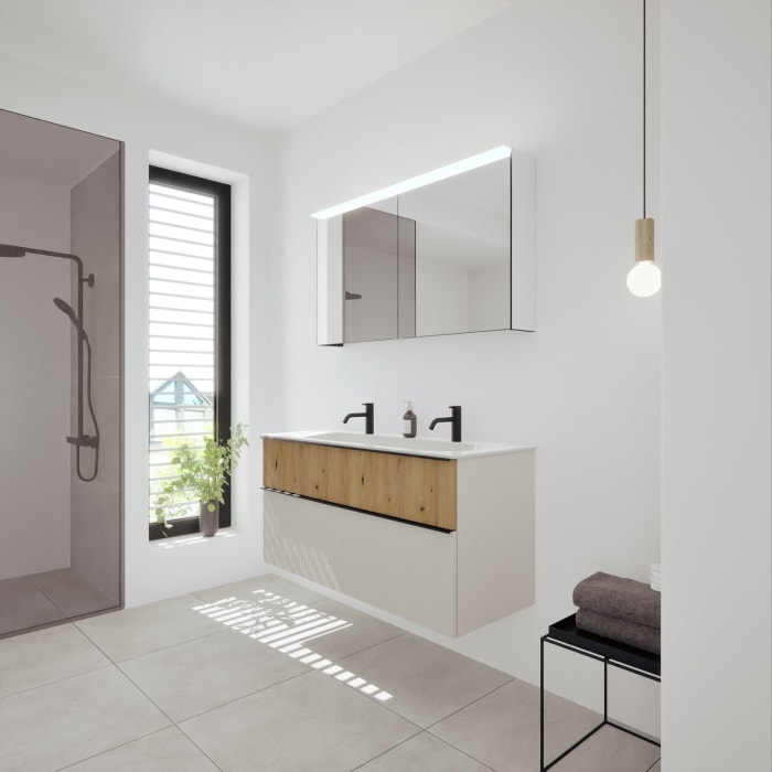 burgbad Fiumo 2.0 Badmöbelset 122 cm mit Waschtisch mit Unterschrank mit Griff G0200 und Spiegelschrank