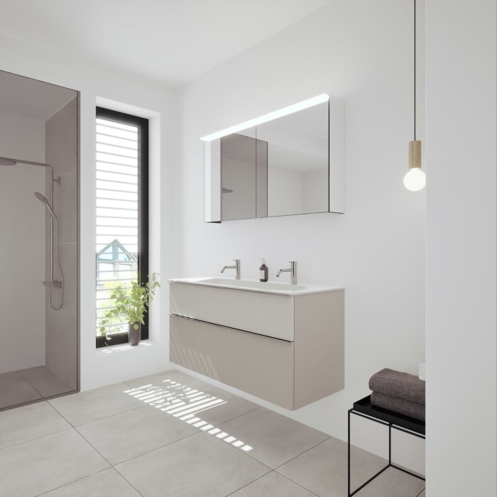 burgbad Fiumo 2.0 Badmöbelset 122 cm mit Waschtisch mit Unterschrank mit Griff G0146 und Spiegelschrank