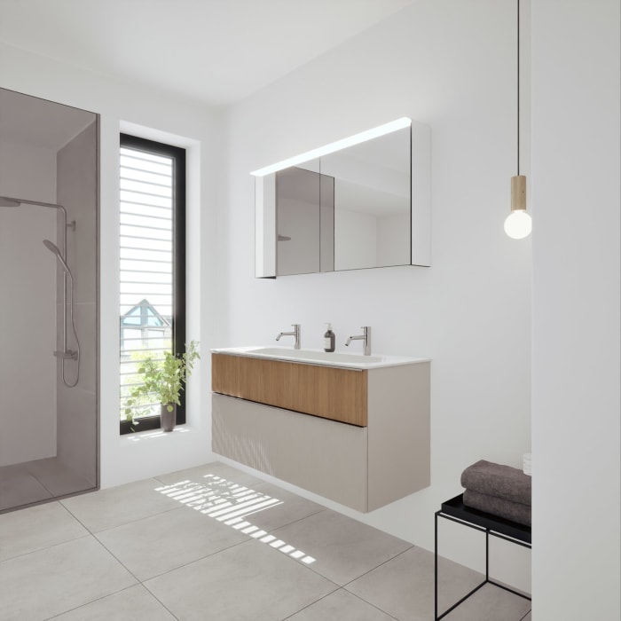 burgbad Fiumo 2.0 Badmöbelset 122 cm mit Waschtisch mit Unterschrank mit Griff G0146 und Spiegelschrank