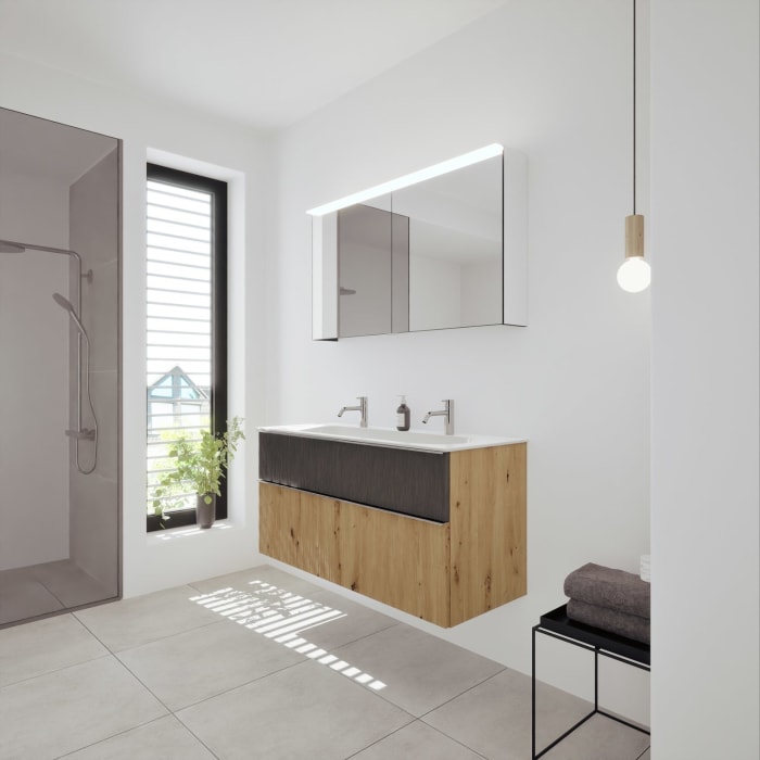 burgbad Fiumo 2.0 Badmöbelset 122 cm mit Waschtisch mit Unterschrank mit Griff G0146 und Spiegelschrank