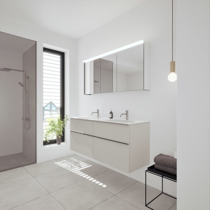 burgbad Fiumo 2.0 Badmöbelset 142 cm mit Waschtisch mit Unterschrank mit Griff G0146 und Spiegelschrank