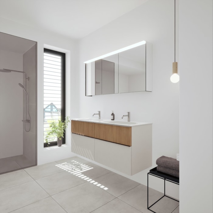 burgbad Fiumo 2.0 Badmöbelset 142 cm mit Waschtisch mit Unterschrank mit Griff G0146 und Spiegelschrank