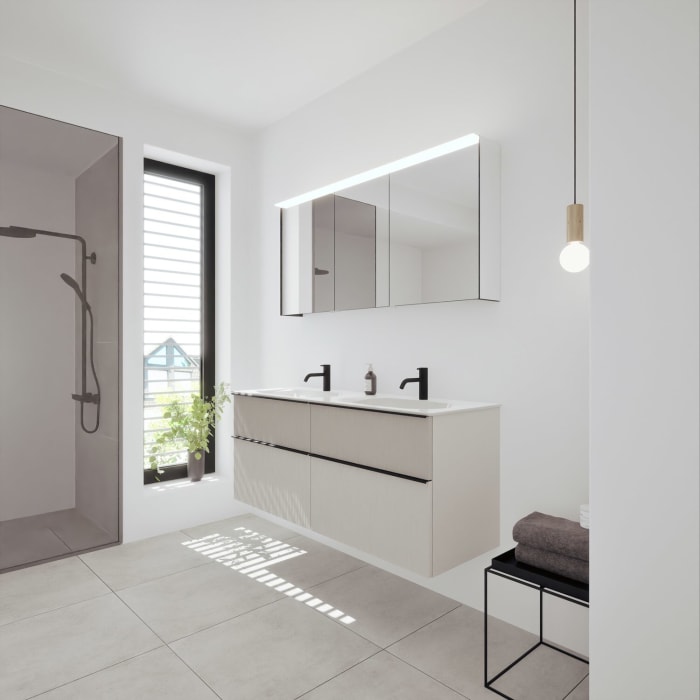 burgbad Fiumo 2.0 Badmöbelset 142 cm mit Waschtisch mit Unterschrank mit Griff G0200 und Spiegelschrank