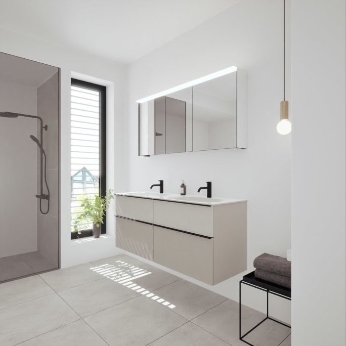 burgbad Fiumo 2.0 Badmöbelset 142 cm mit Waschtisch mit Unterschrank mit Griff G0200 und Spiegelschrank