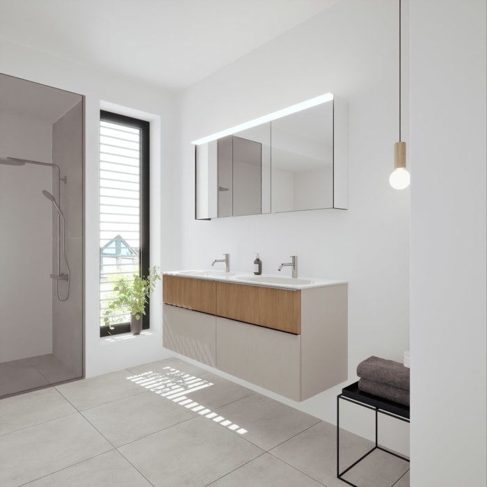 burgbad Fiumo 2.0 Badmöbelset 142 cm mit Waschtisch mit Unterschrank mit Griff G0146 und Spiegelschrank