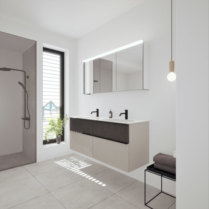 burgbad Fiumo 2.0 Badmöbelset 142 cm mit Waschtisch mit Unterschrank mit Griff G0200 und Spiegelschrank