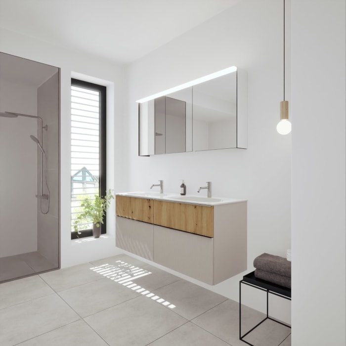 burgbad Fiumo 2.0 Badmöbelset 142 cm mit Waschtisch mit Unterschrank mit Griff G0146 und Spiegelschrank