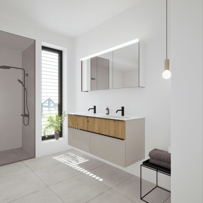 burgbad Fiumo 2.0 Badmöbelset 142 cm mit Waschtisch mit Unterschrank mit Griff G0200 und Spiegelschrank