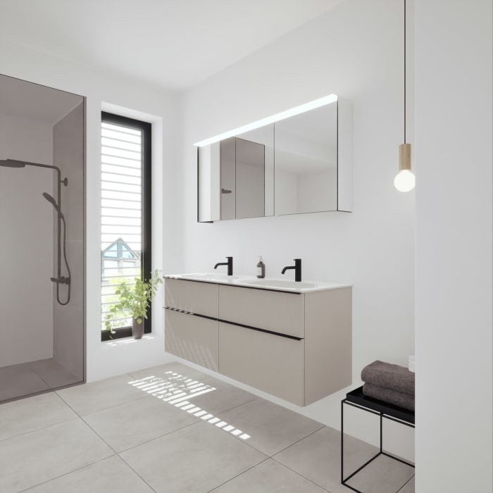 burgbad Fiumo 2.0 Badmöbelset 142 cm mit Waschtisch mit Unterschrank mit Griff G0200 und Spiegelschrank