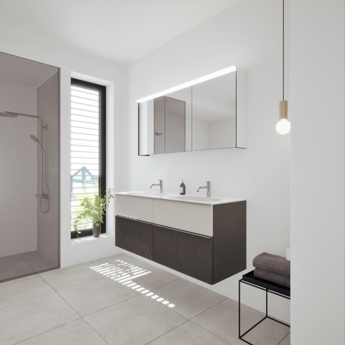 burgbad Fiumo 2.0 Badmöbelset 142 cm mit Waschtisch mit Unterschrank mit Griff G0146 und Spiegelschrank