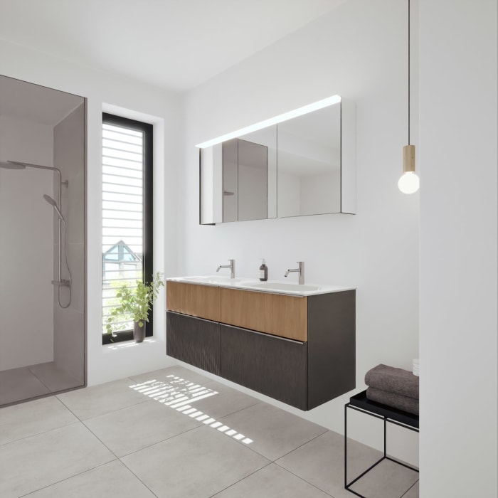 burgbad Fiumo 2.0 Badmöbelset 142 cm mit Waschtisch mit Unterschrank mit Griff G0146 und Spiegelschrank