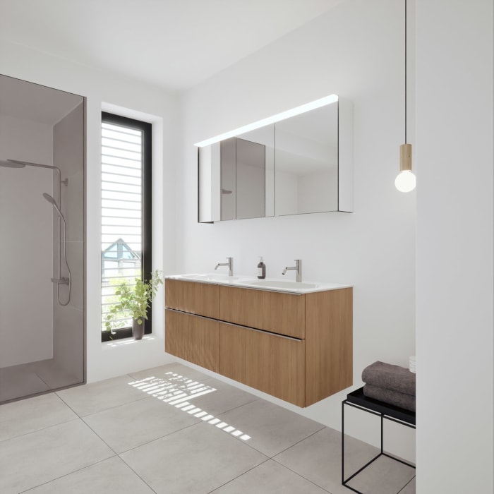 burgbad Fiumo 2.0 Badmöbelset 142 cm mit Waschtisch mit Unterschrank mit Griff G0146 und Spiegelschrank