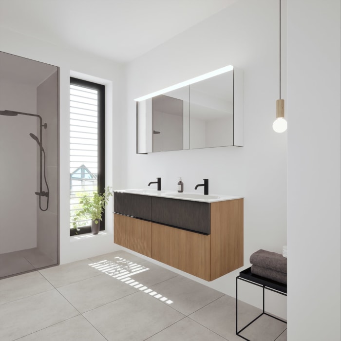 burgbad Fiumo 2.0 Badmöbelset 142 cm mit Waschtisch mit Unterschrank mit Griff G0200 und Spiegelschrank