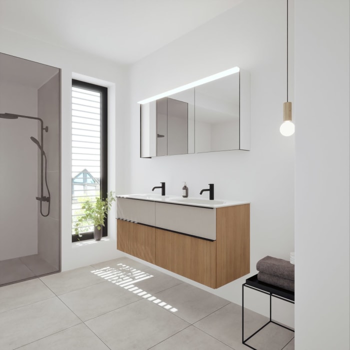 burgbad Fiumo 2.0 Badmöbelset 142 cm mit Waschtisch mit Unterschrank mit Griff G0200 und Spiegelschrank