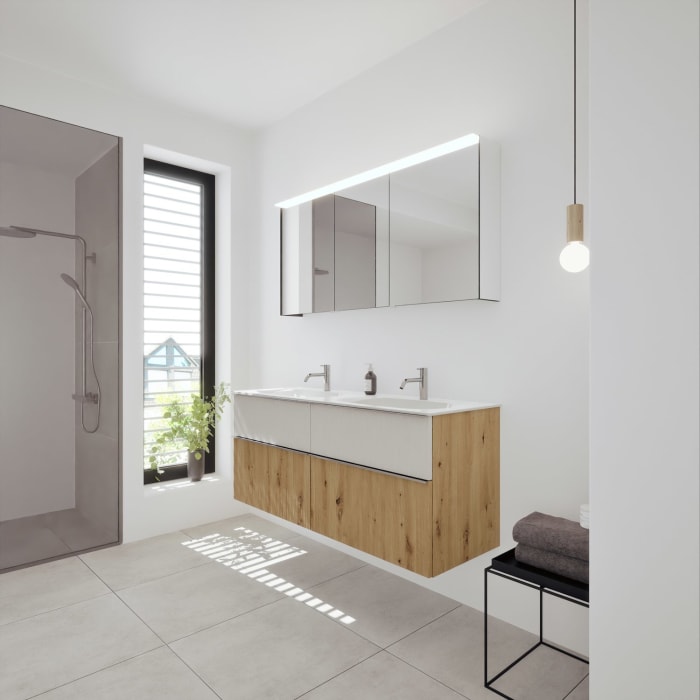 burgbad Fiumo 2.0 Badmöbelset 142 cm mit Waschtisch mit Unterschrank mit Griff G0146 und Spiegelschrank