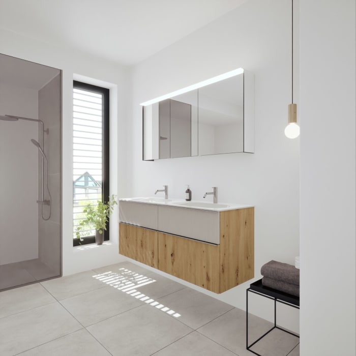 burgbad Fiumo 2.0 Badmöbelset 142 cm mit Waschtisch mit Unterschrank mit Griff G0146 und Spiegelschrank