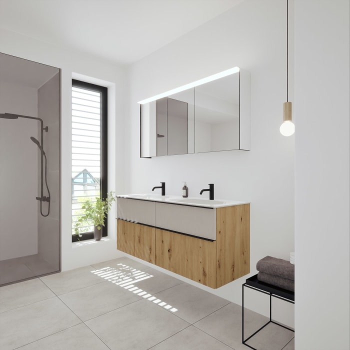 burgbad Fiumo 2.0 Badmöbelset 142 cm mit Waschtisch mit Unterschrank mit Griff G0200 und Spiegelschrank