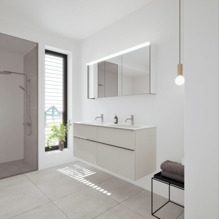 burgbad Fiumo 2.0 Badmöbelset 142 cm mit Waschtisch mit Unterschrank mit Griff G0146 und Spiegelschrank