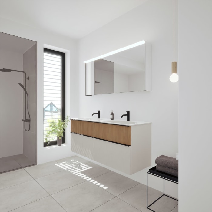 burgbad Fiumo 2.0 Badmöbelset 142 cm mit Waschtisch mit Unterschrank mit Griff G0200 und Spiegelschrank