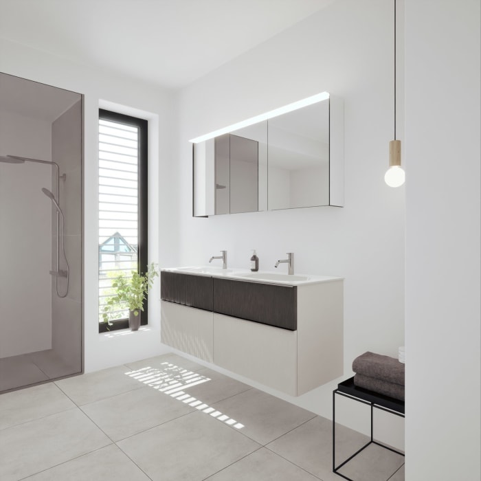 burgbad Fiumo 2.0 Badmöbelset 142 cm mit Waschtisch mit Unterschrank mit Griff G0146 und Spiegelschrank