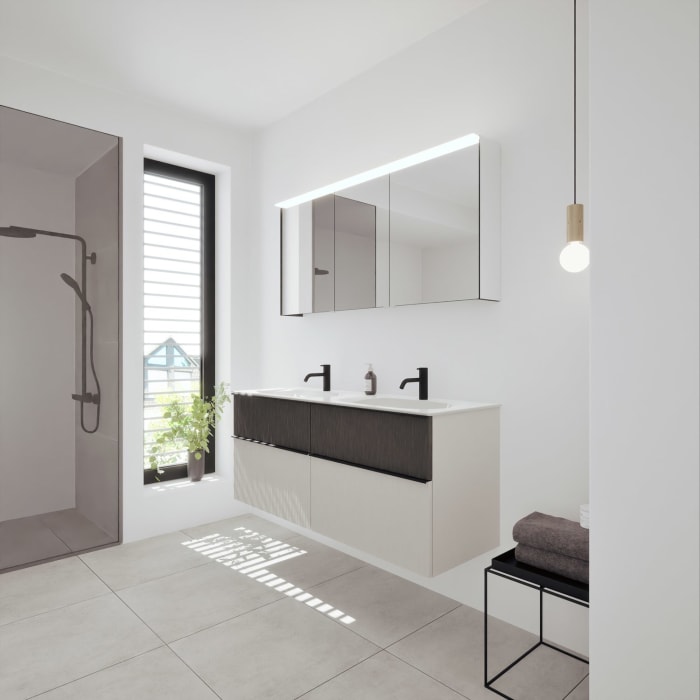 burgbad Fiumo 2.0 Badmöbelset 142 cm mit Waschtisch mit Unterschrank mit Griff G0200 und Spiegelschrank