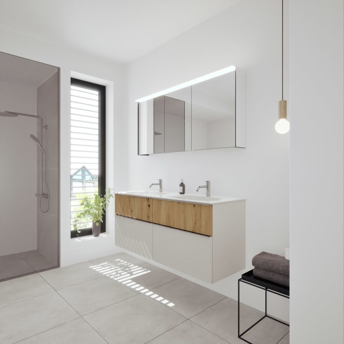 burgbad Fiumo 2.0 Badmöbelset 142 cm mit Waschtisch mit Unterschrank mit Griff G0146 und Spiegelschrank