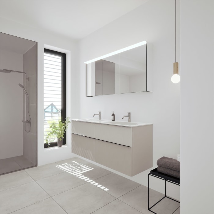 burgbad Fiumo 2.0 Badmöbelset 142 cm mit Waschtisch mit Unterschrank mit Griff G0146 und Spiegelschrank