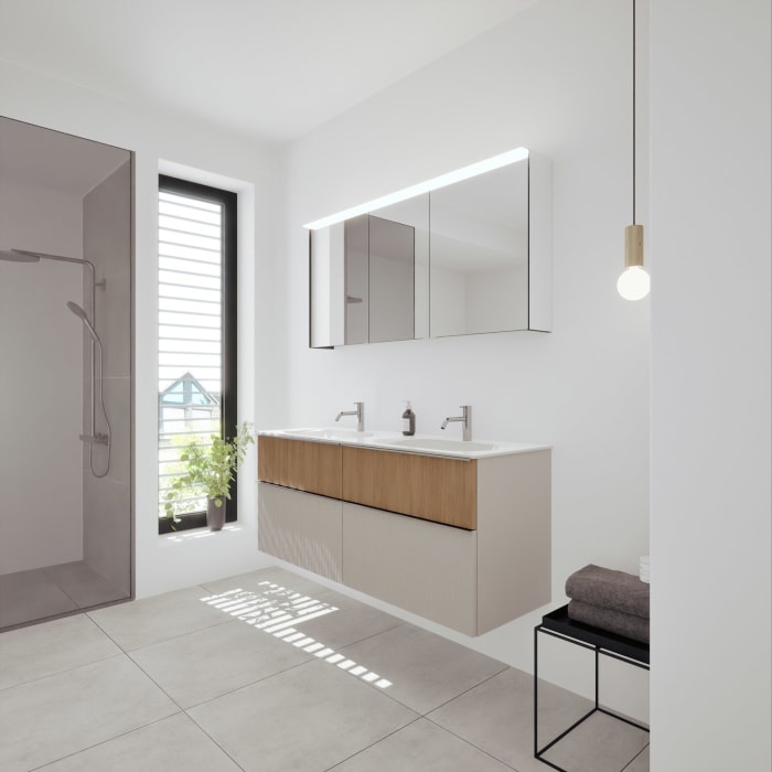 burgbad Fiumo 2.0 Badmöbelset 142 cm mit Waschtisch mit Unterschrank mit Griff G0146 und Spiegelschrank