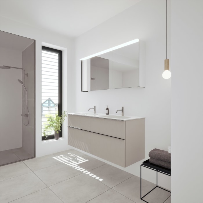 burgbad Fiumo 2.0 Badmöbelset 142 cm mit Waschtisch mit Unterschrank mit Griff G0146 und Spiegelschrank