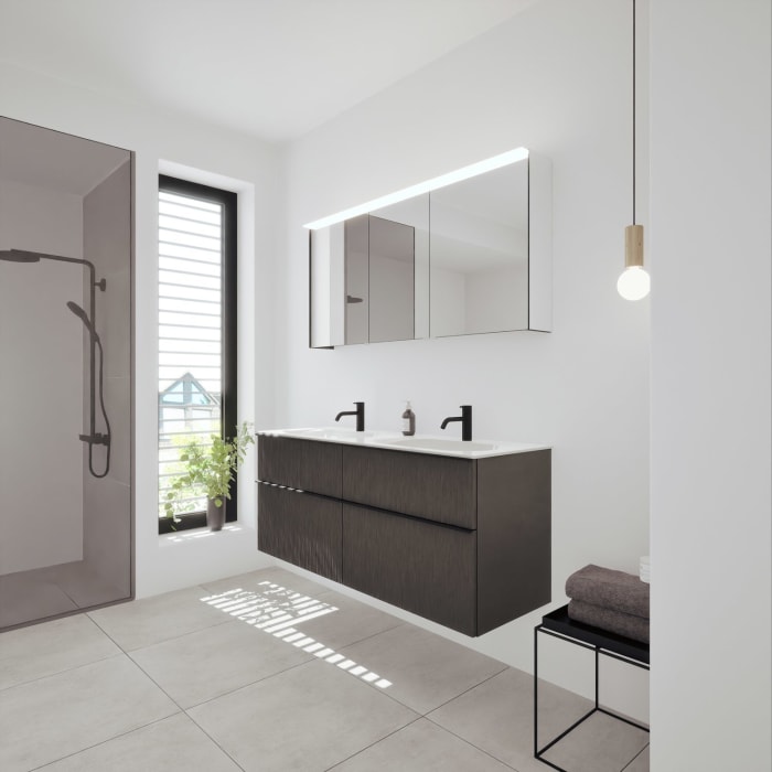 burgbad Fiumo 2.0 Badmöbelset 142 cm mit Waschtisch mit Unterschrank mit Griff G0200 und Spiegelschrank