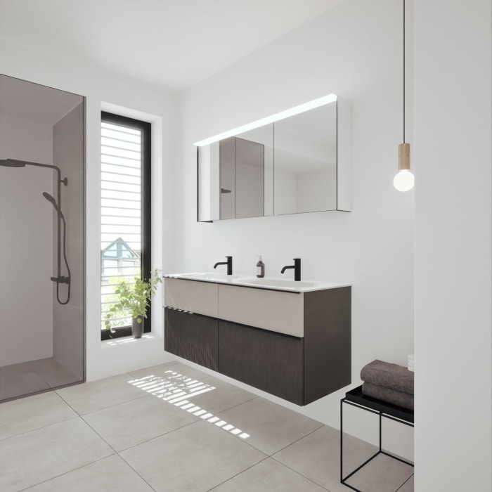 burgbad Fiumo 2.0 Badmöbelset 142 cm mit Waschtisch mit Unterschrank mit Griff G0200 und Spiegelschrank