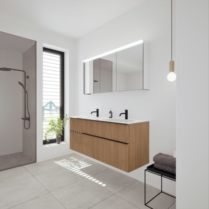 burgbad Fiumo 2.0 Badmöbelset 142 cm mit Waschtisch mit Unterschrank mit Griff G0200 und Spiegelschrank