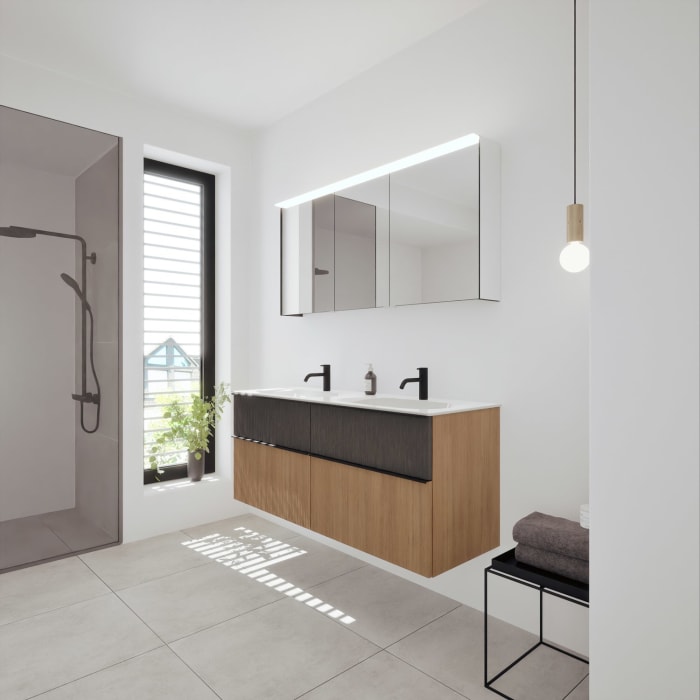 burgbad Fiumo 2.0 Badmöbelset 142 cm mit Waschtisch mit Unterschrank mit Griff G0200 und Spiegelschrank