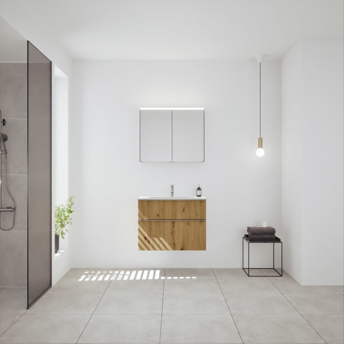 burgbad Fiumo 2.0 Badmöbelset 82 cm mit Waschtisch mit Unterschrank mit Griff G0146 und Spiegelschrank