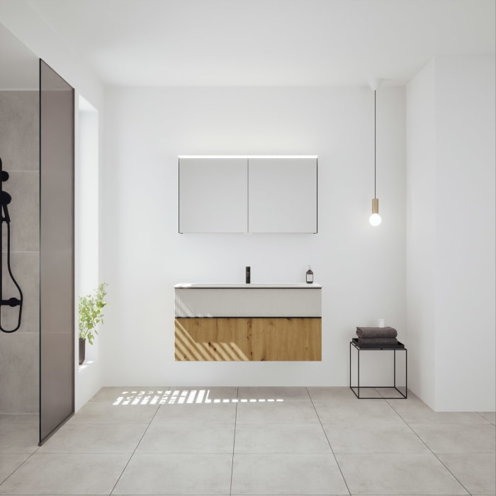 burgbad Fiumo 2.0 Badmöbelset 122 cm mit Waschtisch mit Unterschrank mit Griff G0200 und Spiegelschrank