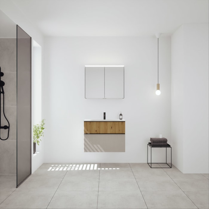 burgbad Fiumo 2.0 Badmöbelset 82 cm mit Waschtisch mit Unterschrank mit Griff G0200 und Spiegelschrank