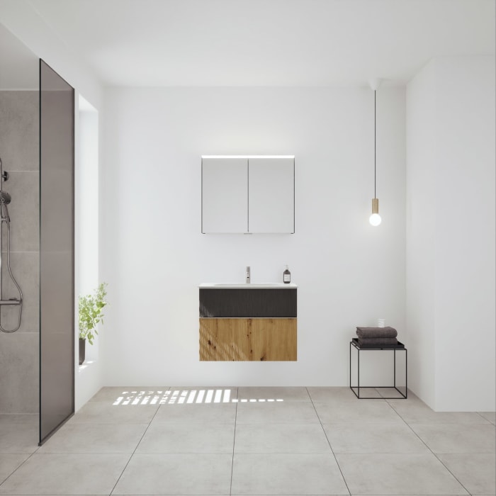 burgbad Fiumo 2.0 Badmöbelset 82 cm mit Waschtisch mit Unterschrank mit Griff G0146 und Spiegelschrank