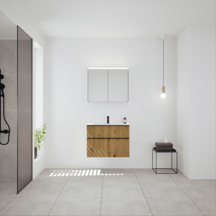 burgbad Fiumo 2.0 Badmöbelset 82 cm mit Waschtisch mit Unterschrank mit Griff G0200 und Spiegelschrank