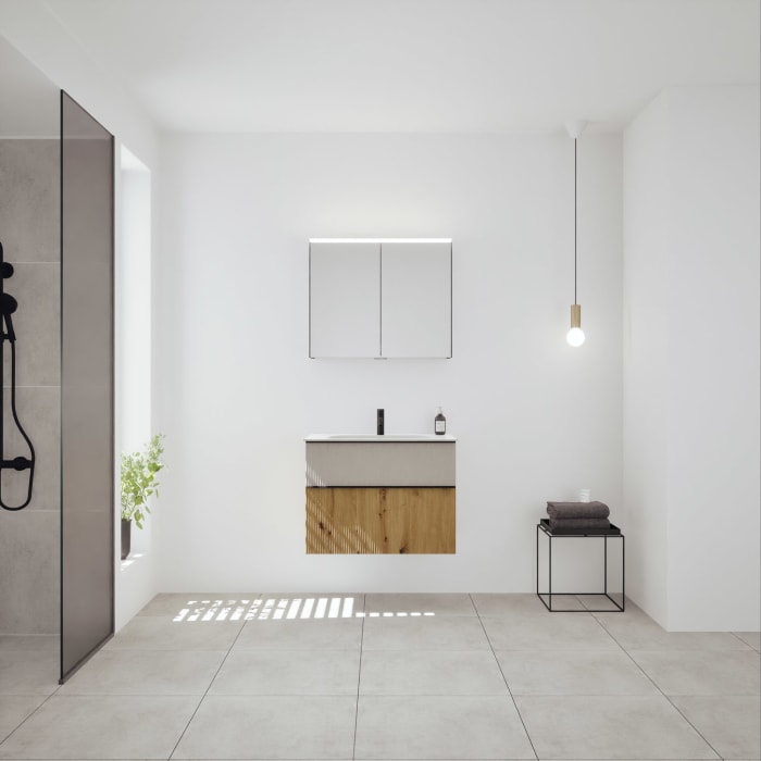 burgbad Fiumo 2.0 Badmöbelset 82 cm mit Waschtisch mit Unterschrank mit Griff G0200 und Spiegelschrank