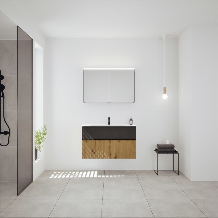 burgbad Fiumo 2.0 Badmöbelset 102 cm mit Waschtisch mit Unterschrank mit Griff G0200 und Spiegelschrank