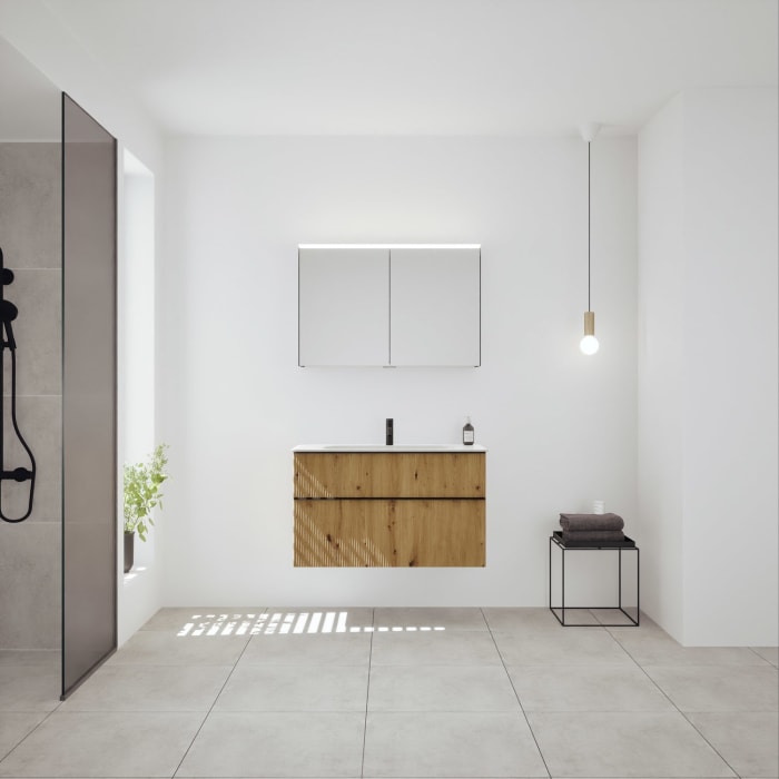 burgbad Fiumo 2.0 Badmöbelset 102 cm mit Waschtisch mit Unterschrank mit Griff G0200 und Spiegelschrank