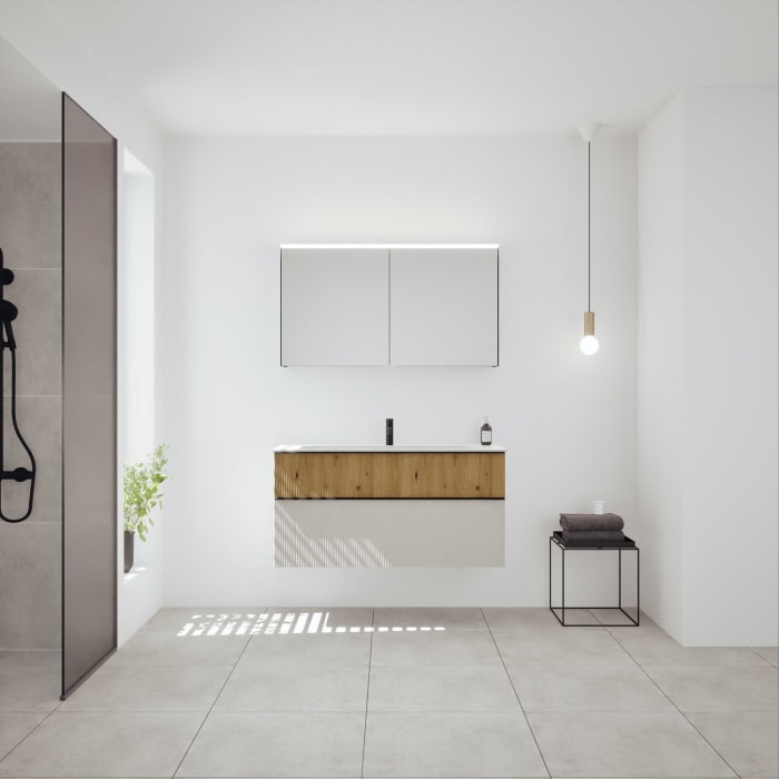 burgbad Fiumo 2.0 Badmöbelset 122 cm mit Waschtisch mit Unterschrank mit Griff G0200 und Spiegelschrank