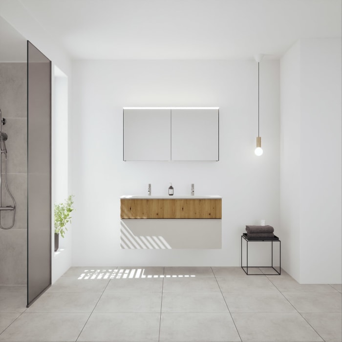 burgbad Fiumo 2.0 Badmöbelset 122 cm mit Waschtisch mit Unterschrank mit Griff G0146 und Spiegelschrank