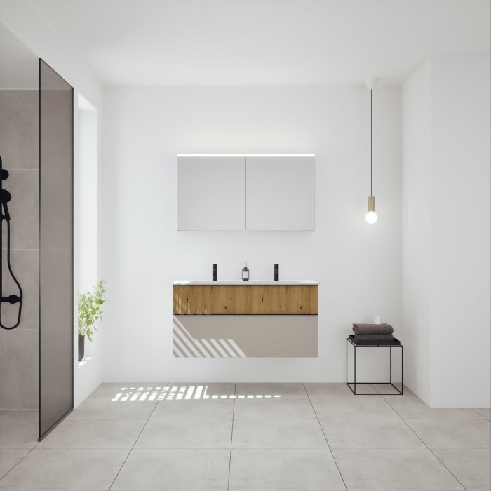 burgbad Fiumo 2.0 Badmöbelset 122 cm mit Waschtisch mit Unterschrank mit Griff G0200 und Spiegelschrank